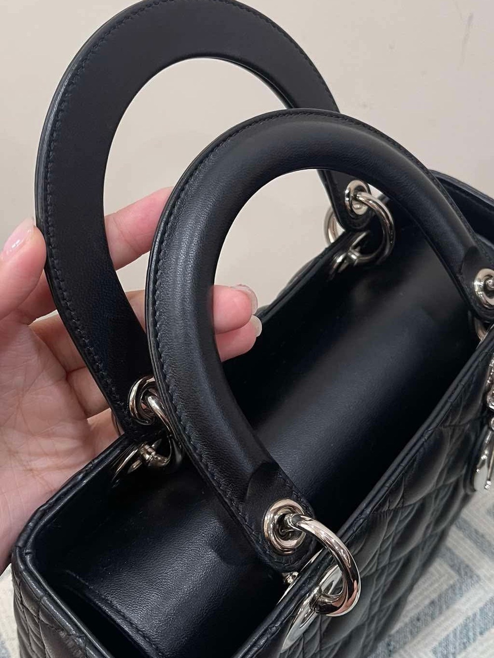 Dior Lady Dior Black Leather Tote Handbag Silver Hardware Size Medium - Picture 6 of 13